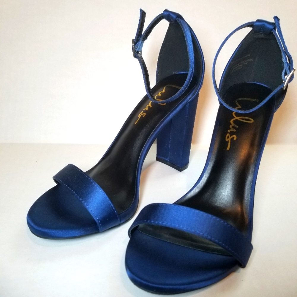 Lulus Taylor Navy Satin Ankle Strap Heels Size 6 - Picture 2 of 5